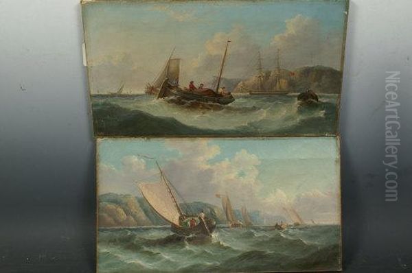 A Pair, Sailing In And Laden Boat In Choppy Seas Oil Painting by J. Mundell