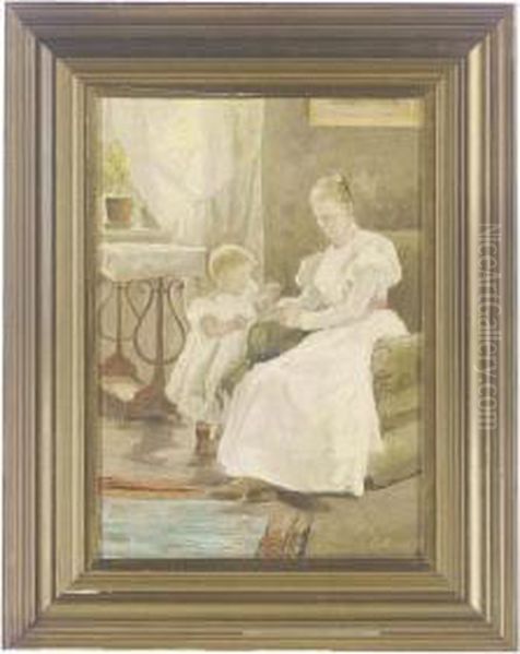 Mother And Child In An Interior Oil Painting by Caroline Emilie Mundt