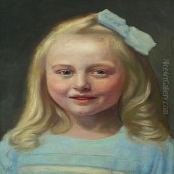 Portrait Of A Young Girl With A Blue Bow Oil Painting by Emilie Mundt