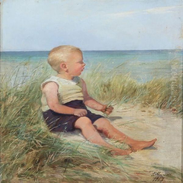 Beach Scape With A Boy In The Sand Oil Painting by Emilie Mundt