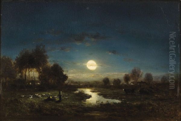 Pastoral Landscape In Moonlight by Gilbert Davis Munger