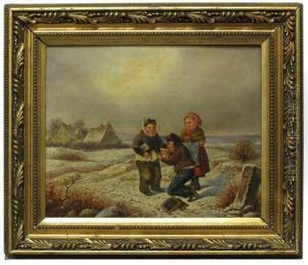 Kinder In Winterlandschaft Oil Painting by Jacob Munk