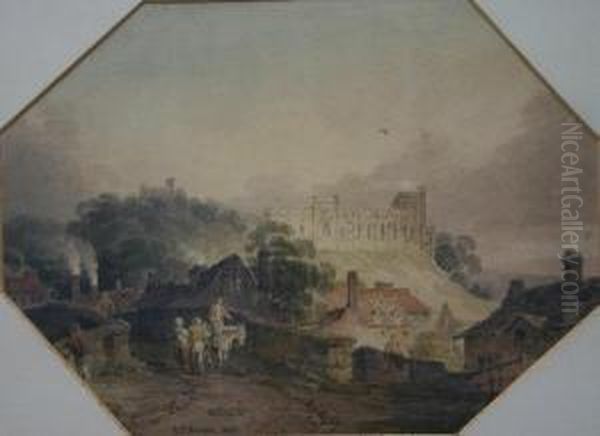 Village Scene With Bridge, Figures And Man On Horseback, With Castellated Country House In Background Oil Painting by J.J. Munne