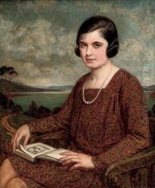 Portrait Of A Lady, Seated Three-quarter-length, A Book On Her Lap, A Landscape Beyond Oil Painting by John Bernard Munns