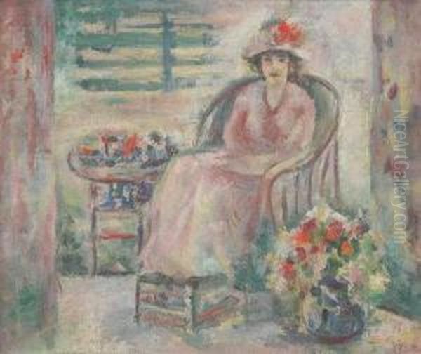 Lady With Hat Seated On Veranda Oil Painting by Sarah Sewell Munroe