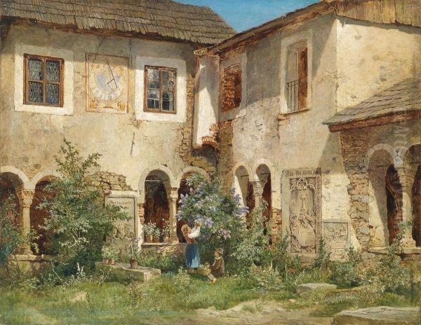 Children Pickingflowers In A Monastery Courtyard Oil Painting by Leopold Munsch