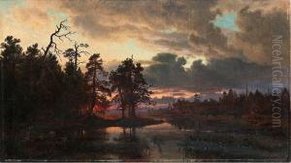 Sunset Oil Painting by Hjalmar (Magnus) Munsterhjelm