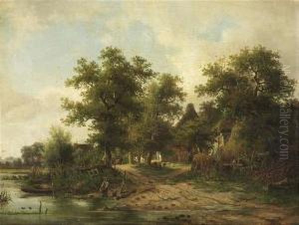 Summery Landscape With A Farmstead At A River. Oil/canvas, Signed Oil Painting by David Heinrich Munter