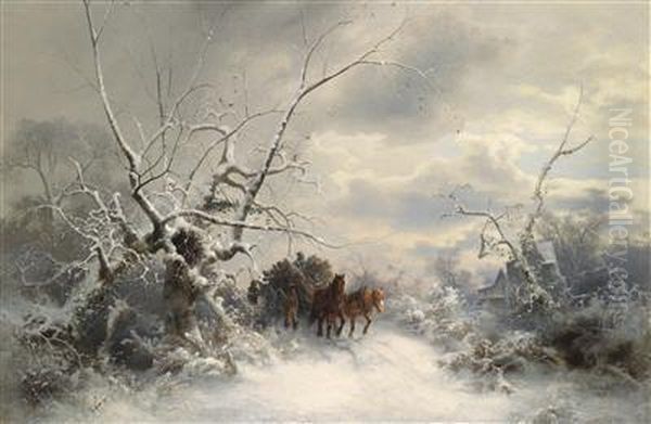 Horses And Cart Returning Home In A Winter Landscape Oil Painting by Ludwig Munthe