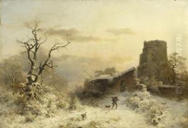 Winter Landscape With Hunter Oil Painting by Ludwig Munthe