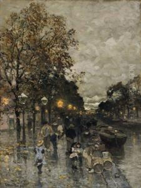 Nachtliche Grachtansichtin Amsterdam Oil Painting by Ludwig Munthe