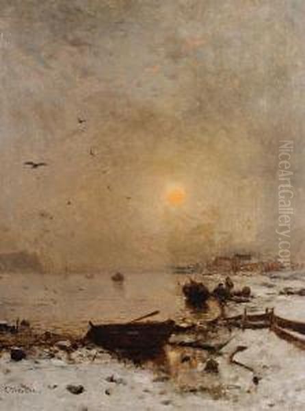 Sunset Over A Lake Oil Painting by Ludwig Munthe