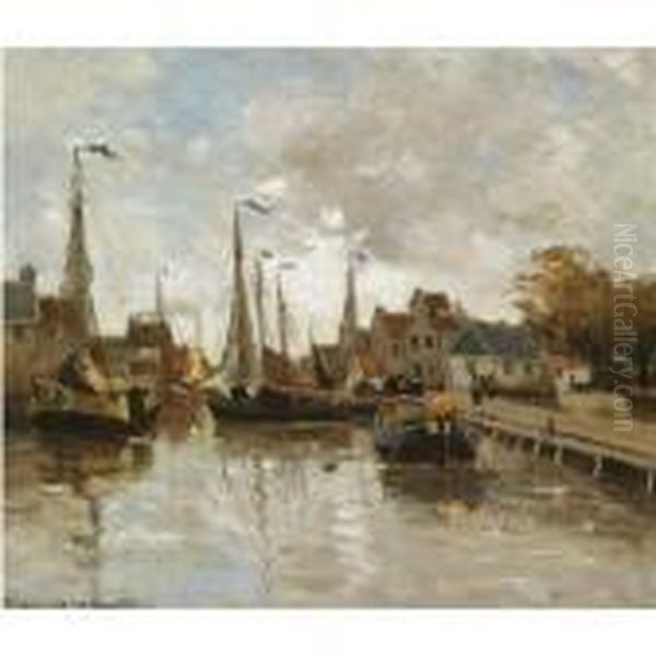 A View Of A Small Harbour, Possibly Katwijk Oil Painting by Gerhard Arij Ludwig Morgenstje Munthe