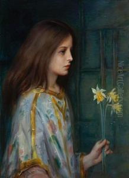 A Young Girl Holding Daffodils Oil Painting by Laura Adeline Muntz-Lyall