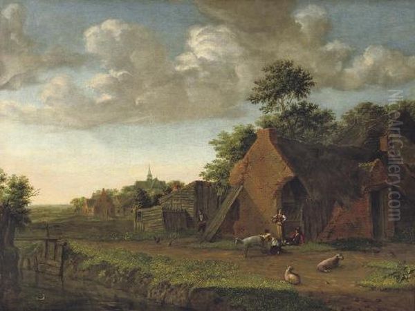 A Landscape With Figures And Livestock In A Farmyard Oil Painting by Emmanuel Murant