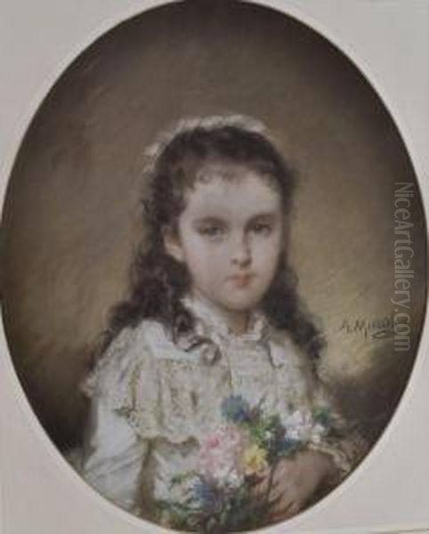 Portrait Of A Young Girl Holding A Bunch Of Flowers Oil Painting by Alphonse Frederic Muraton