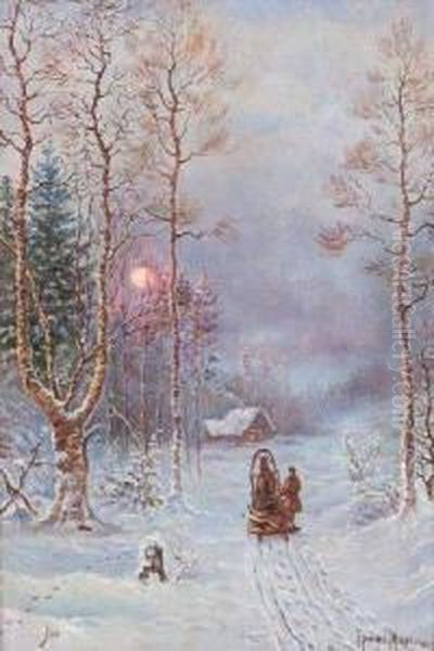 Traineau Dans La Neige Au Paysage Couchant Oil Painting by Vladimir Leodinovitch Muravioff