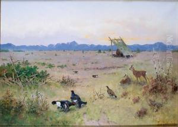 Biches Et Poules Faisannes Dans La Steppe Oil Painting by Vladimir Leodinovitch Muravioff