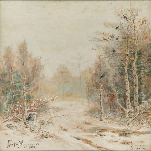 Quiet Day In A Winter Forest Oil Painting by Wladimir Leonidovich Murawjoff