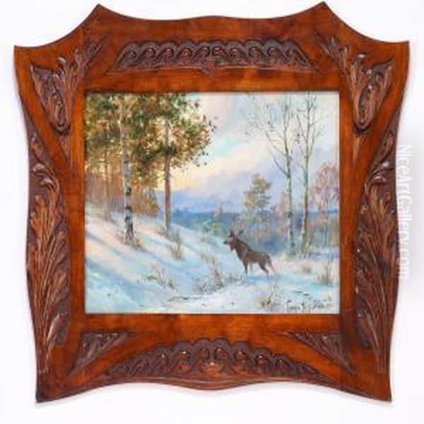 An Elk In A Winter Forest Oil Painting by Wladimir Leonidovich Murawjoff