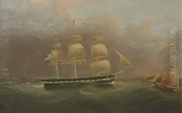 The American Flag Ship Gladiator Passing A Lighthouse With Other Shipping In The Distance Oil Painting by J. Murday