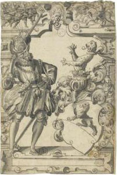 The Arms Of The Escher Zum Luchs With A Musketeer, A Battle Sceneabove Oil Painting by Christoph Murer