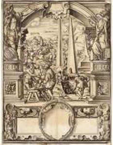 Projet De Frontispice Ou De Vitrail Avec Ptolemee Et Aristote Encadrant Une Scene Biblique (?) by Christoph Murer