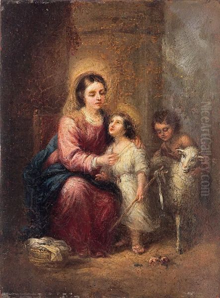 La Virgen Y El Nino Con San Juanito Oil Painting by Bartolome Esteban Murillo