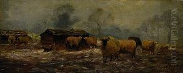 Sheep By Feeder Oil Painting by S. Murphy