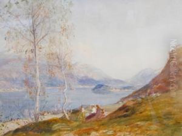 A Woman Seated At Her Easel Painting The Lake And Mountains Before Her Oil Painting by David Murray