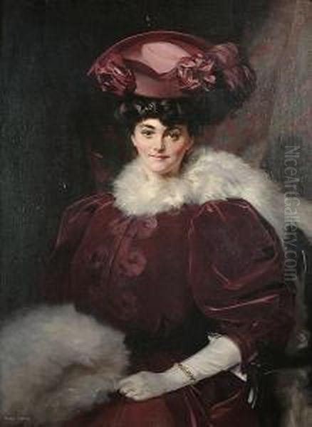 Portrait Of A Lady Seated, Wearing A Purple Dress And White Furs Oil Painting by George Murray