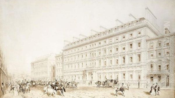 View Of The Palace Hotel, Buckingham Gate, London Oil Painting by James T. Murray