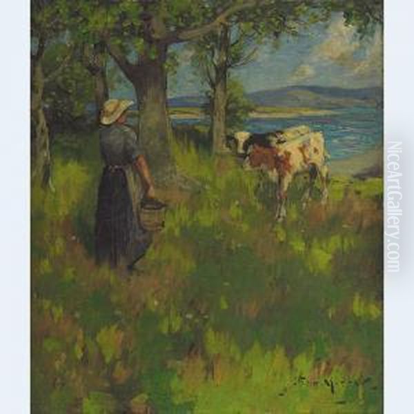 Milkmaid In A Summer Pasture Oil Painting by John Reed Murray