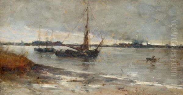 Barges On The Scheldt Oil Painting by John Reed Murray