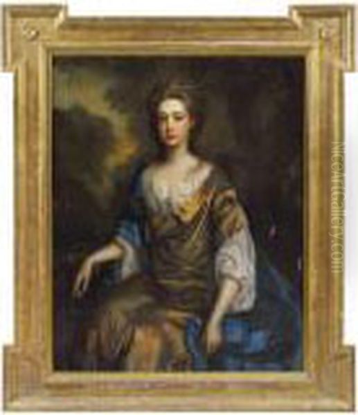 Portrait Of A Lady, Traditionally Identified As Nell Gwynne(1650-1687), Three-quarter-length In A Gold Silk Dress And Bluewrap, In A Landscape Oil Painting by Thomas Murray