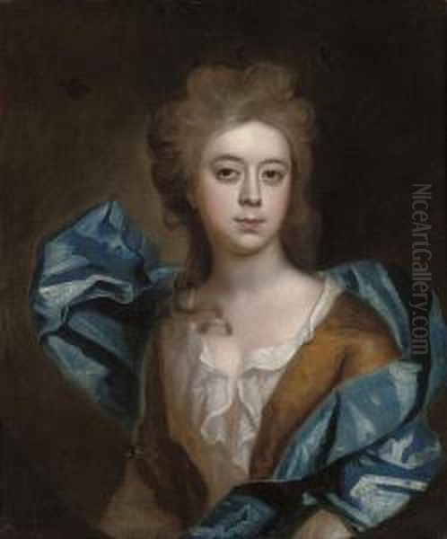 Portrait Of A Lady, Half-length, In A Yellow Dress And Blue Wrap Oil Painting by Thomas Murray