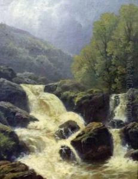 River Landscape With Waterfall Oil Painting by Francis Muschamp