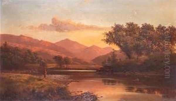 Tranquil River Landscape, Probably Northwales Oil Painting by Francis Muschamp