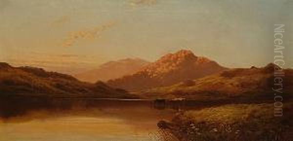 Cattle Watering In A Highland Landscape At Sunset Oil Painting by Francis Muschamp