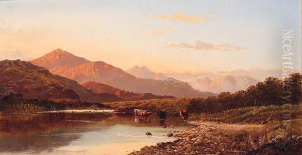 Cattle Watering In A Mountainous River Landscape Oil Painting by Francis Muschamp