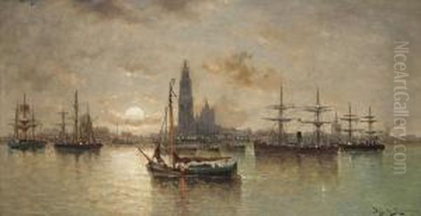 Zeilboten Voor De Rede Van Antwerpen Bij Maanlicht Oil Painting by Auguste Henri Musin