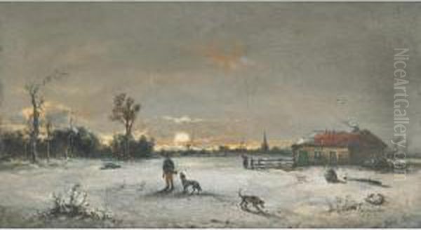 Winter Hunting Scene Oil Painting by Auguste Henri Musin