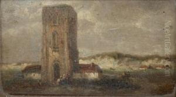 Figures Beside A Coastal Church Oil Painting by Francois Etienne Musin