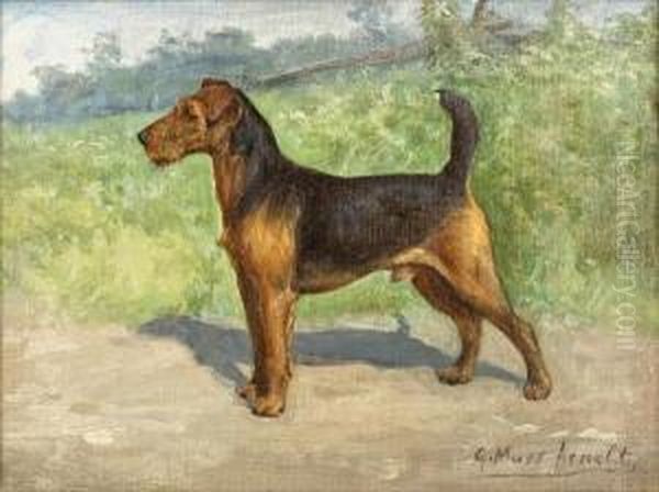 A Welsh Terrier In A Landscape Oil Painting by Gustav Muss-Arnolt