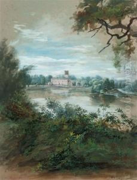 Trentham Hall, Staffordshire Seen Across The River Oil Painting by William Mussill