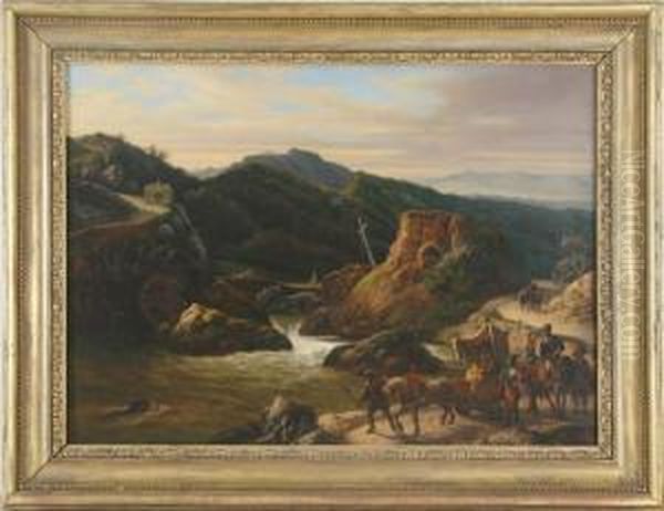 Vornehmes Paar Wird In Einem Wagen In Weiter Sudlicher Gebirgslandschaft Von Soldaten Eskortiert Oil Painting by Cesar Mussini