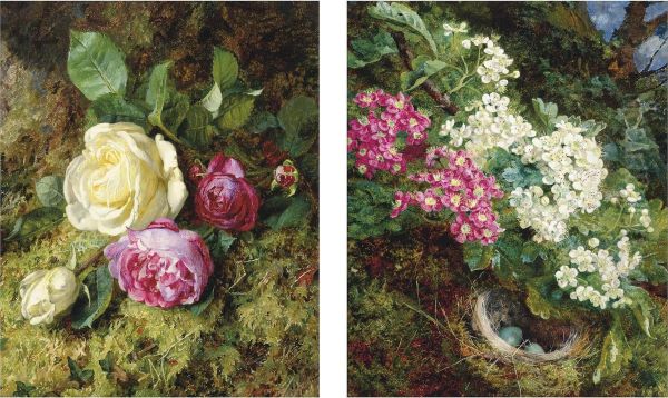 A Bird's Nest Under Apple Blossom; And Roses On A Mossy Bank Oil Painting by Annie Feray Mutrie