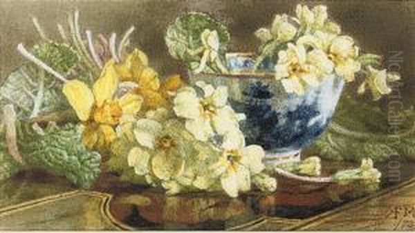 Still Life Of Primroses, Daffodils And A Blue And White Bowl Oil Painting by Annie Feray Mutrie