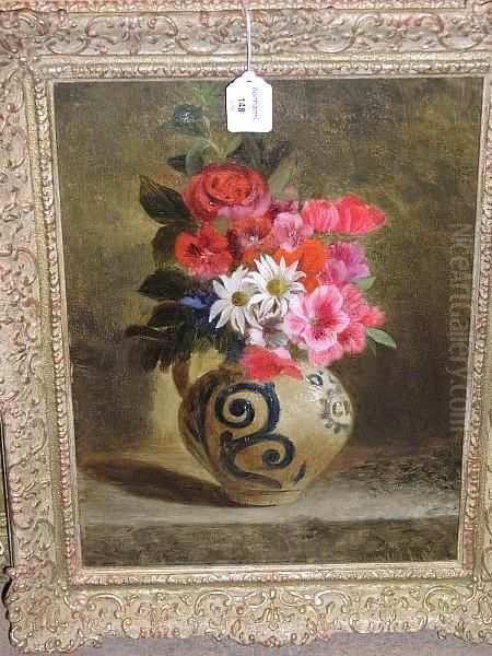 Still Life, Flowers In A Stoneware Jug Oil Painting by Annie Feray Mutrie