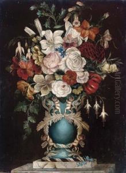 Summer Flowers In An Ornate Vase Decorated With Cherubs Oil Painting by Martha Darley Mutrie